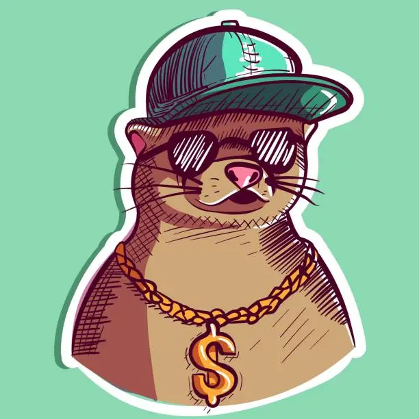 Vector illustration of Digital art of a thug otter wearing a hip hop hat and a gold chain with the dollar sign. Cartoon character head of a weasel with sunglasses