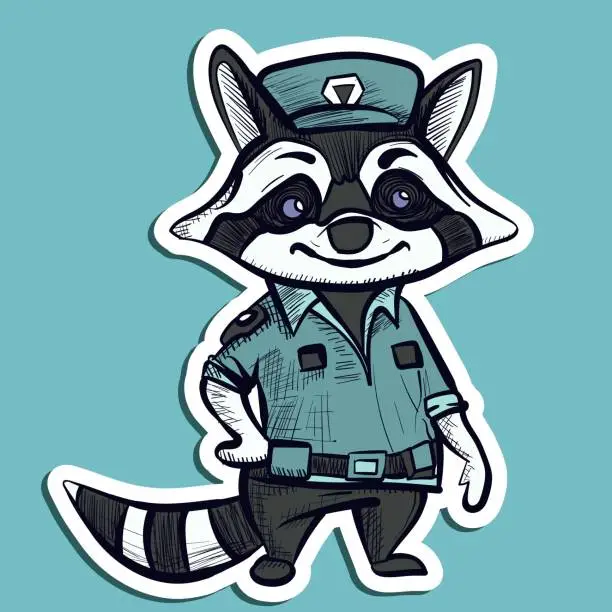 Vector illustration of Digital art of a policeman raccoon wearing a police officer uniform. Detective and sheriff badger working as a guard.