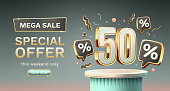 Save offer, 50 off sale banner. Sign board promotion. Vector illustration