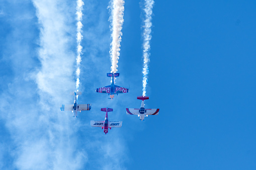Bloemfontein, South Africa - May 20, 2023: Aerobatic display by four aircraft at the Tempe Airport in Bloemfontein