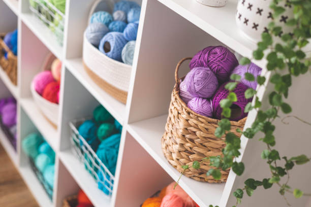 istock Yarn storage organization textile hobby supplies contemporary cupboard shelves 1496355449