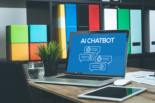 AI Chat Concept. Modern Technology, Online Communication, Artificial Intelligence, Chat Bot, Virtual Assistant, Robot.