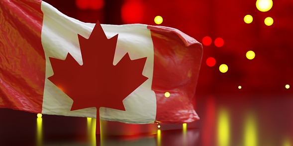 Canada day, Canadian National Holiday celebration. Flag waving on bokeh lights background, 3d render