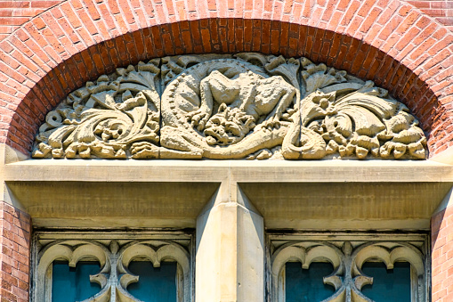 Concrete carvings on old building in downtown San Antonio, Texas.