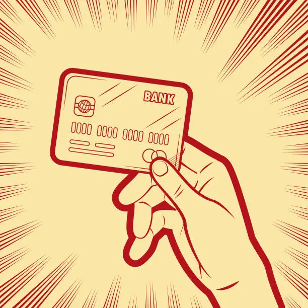 Vector illustration of A human hand holding a credit card, in the background with radial manga speed lines