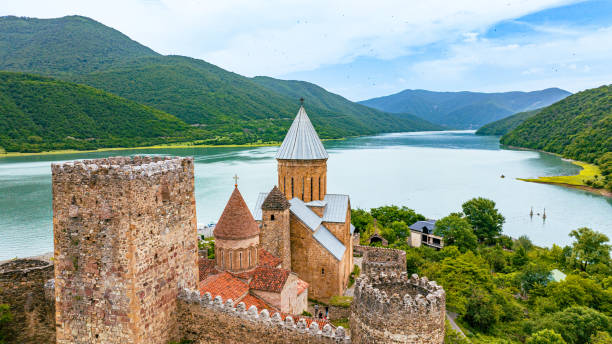 Aerial view of Ananuri Fortress and Church, Georgia stock photo