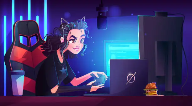 Vector illustration of Girl gamer character and computer equipment vector