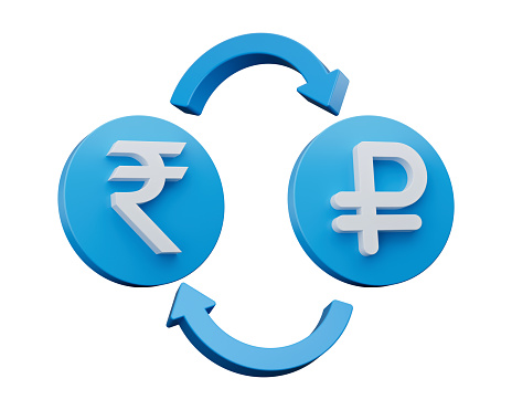 3d White Rupee And Ruble Symbol On Rounded Blue Icons With Money Exchange Arrows, 3d illustration