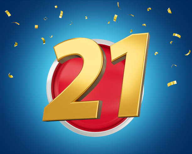 istock Gold Number 21 Gold Number Twenty One On Rounded Red Icon with Particles, 3d illustration 1496366705