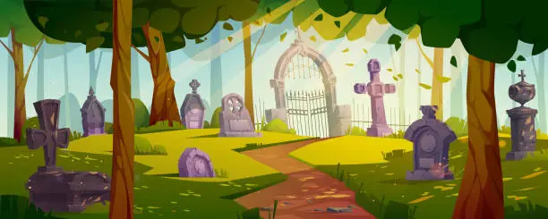 Vector illustration of Halloween background with graveyard in forest