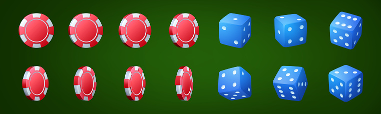 Realistic set of casino chips and dice isolated on green background. Vector illustration of red gaming tokens and blue cubes with game points turning around, animation spread sheet, ui design elements