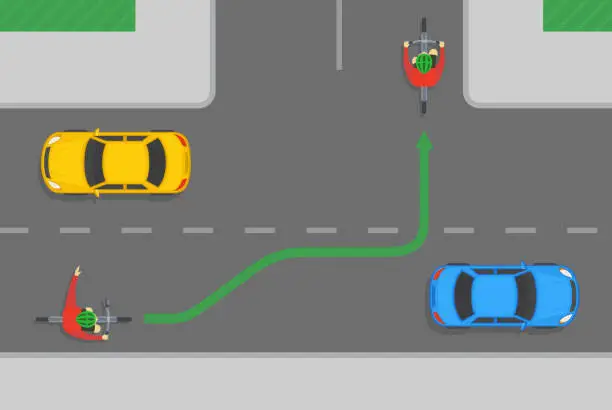 Vector illustration of Safe bicycle riding tips and traffic regulation rules. How to turn left on T-junction road. Cyclist showing left turn gesture or signal with his hand.