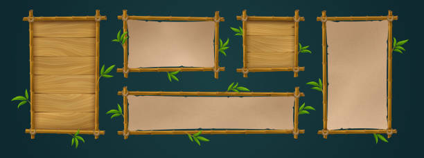 Realistic set of bamboo wood and paper signboards Realistic set of bamboo wood and paper signboards with tropical green leaves isolated on black background. Vector illustration of announcement, menu, map, information board templates for game ui bamboo texture stock illustrations