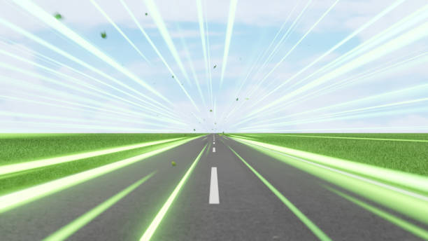 葉のある道路上の緑のスピードライトトレイル、再生可能エネルギーの高速道路輸送コンセプト、青い空を持つクリーンなエコパワーカー街路灯、ゼロエミッション電気自動車技術3dレンダ� - blurred motion abstract electricity power line ストックフォトと画像
