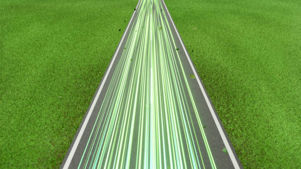 Green speed light trail on road with leaves, renewable energy highway transportation concept, clean eco power car street light with blue sky, zero emission electric vehicle technology 3d rendering sendero de luz de velocidad verde en la carretera con hojas, concepto de transporte por carretera de energía renovable, farola limpia de automóvil con energía ecológica con cielo azul, tecnología de vehículo eléctrico de cero emisiones renderizado 3