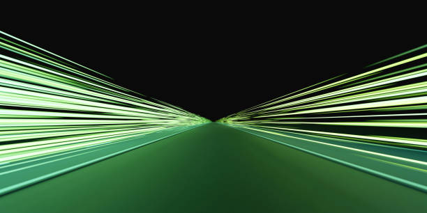 道路上の緑色のスピードライトトレイル、再生可能エネルギーの高速道路輸送コンセプト、夜間のクリーンエコパワーカー街路灯、電気自動車技術3dレンダリング - blurred motion abstract electricity power line ストックフォトと画像