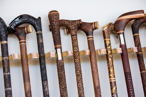 Bitlis, Turkey - July 26, 2022: Handmade walking sticks made of wood and horn.