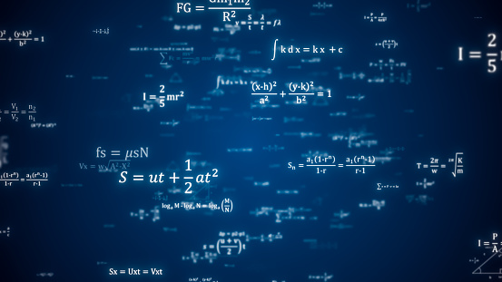 Abstract Physics equation concept, Mathematics calculation, Sciences formula, arithmetic and handwritten geometry symbol, typewriting study on blue background, 3d rendering