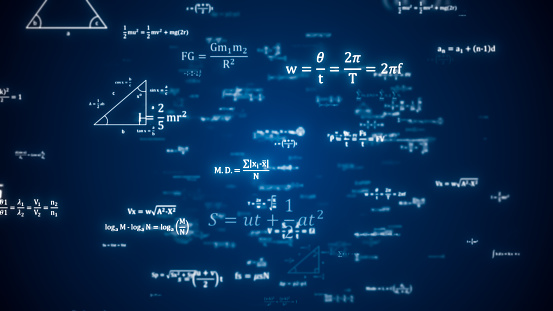 Abstract Physics equation concept, Mathematics calculation, Sciences formula, arithmetic and handwritten geometry symbol, typewriting study on blue background, 3d rendering