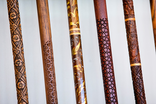 Bitlis, Turkey - July 26, 2022: Handmade walking sticks made of wood and horn.