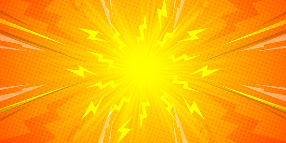 Orange and Yellow sun rays burst with lightning and dotted halftone abstract background design