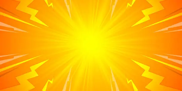 Vector illustration of Orange and Yellow sun rays burst with lightning and dotted halftone abstract background design