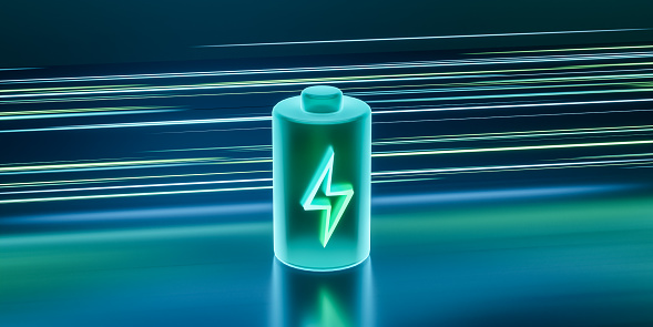 Glowing green power neon futuristic energy storage, high capacity rechargeable lithium ion battery, 3D rendering light trail of future electric vehicle clean energy technology concept