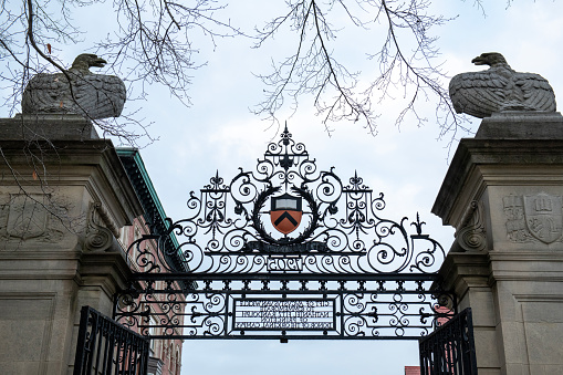 Princeton, USA - January 2, 2023. Architectural detail of a gate in Princeton University, Princeton, New Jersey, USA