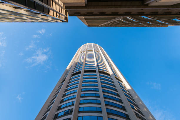 Sydney, Australia - April 17, 2022: Upwards perspective of high rise offices and apartments buildings on the Australia square in Sydney CBD