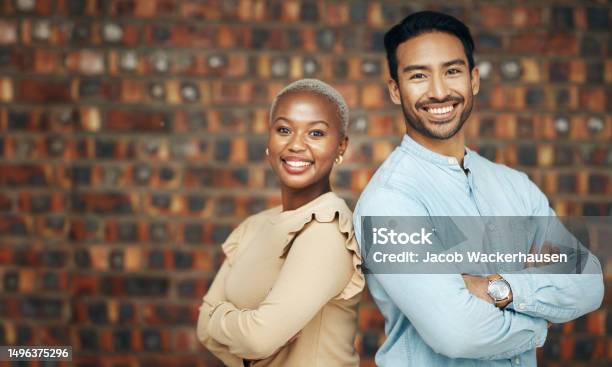 Portrait Smile And Business People With Arms Crossed In Office For Teamwork Collaboration Cooperation And Happy Confident And Proud Employees Black Woman And Man With Pride For Career Diversity Stock Photo - Download Image Now