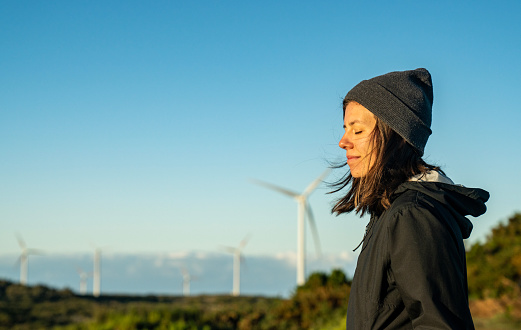 Large wind turbines collecting green renewable energy from the nature. Madeira