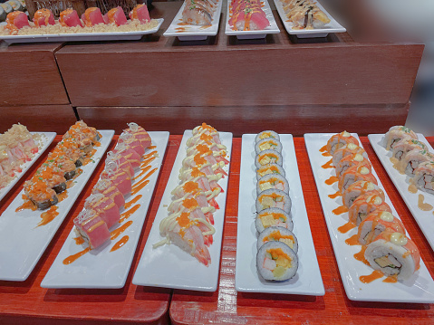 Food view of Sushi station. Japanese style food.