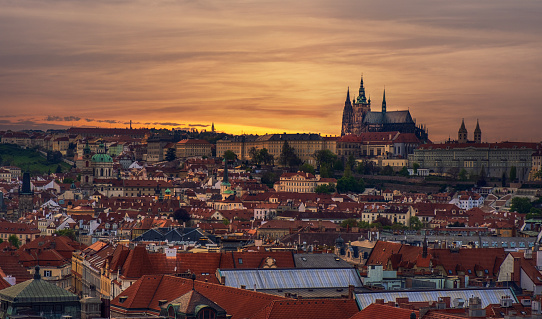 Panorama of the historic buildings on the old town square of Prague, Czech Republic