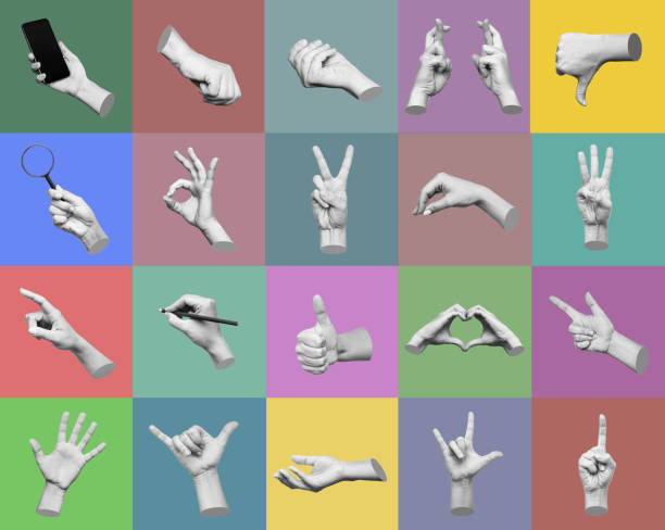 istock Set of 3d hands showing gestures on different color backgrounds. Contemporary art, creative collage 1496381648