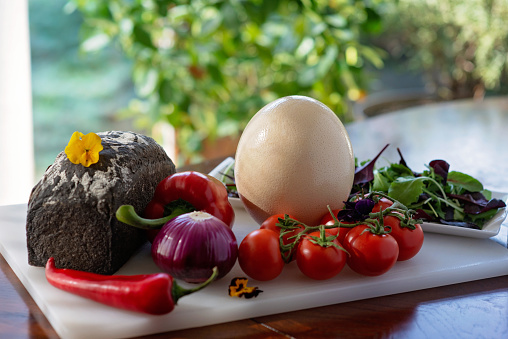 Homemade bread, ostrich egg and vegetables, paprika, tomatoes, chili, onion, salad. Ingredients for making an omelet, shakshuka. Soft selective focus.