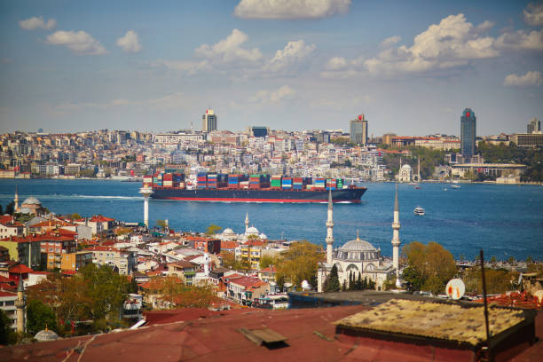 Dry cargo sails across the Bosphorus strait in Istanbul, Turkey