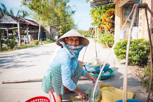 portrait of smiling senior woman selling vegetables on street in central vietnam village