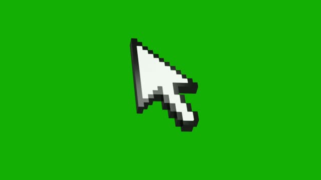 3d model of a White retro computer arrow or cursor icon pixelated. Mouse pointer animation clicking on green screen chroma key background.