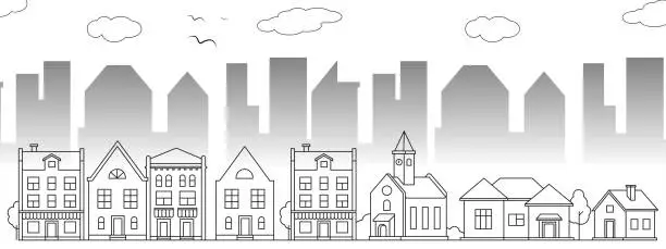 Vector illustration of Small town neighborhood line art vector illustration. Small town outline design.