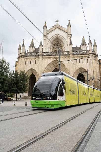 Euskotren electric with the Cathedral of Santa Maria in background, Vitoria in the Basque Country stock photo
