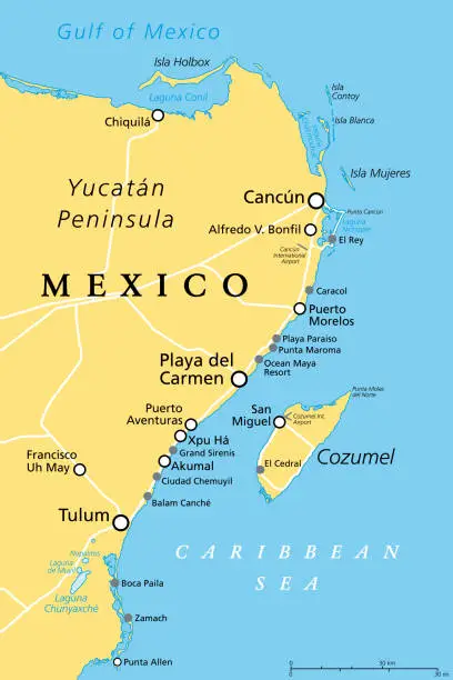 Vector illustration of Cancun, Cozumel and Riviera Maya, Mexico, political map