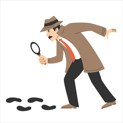 Detective follows footprints vector isolated. Illustration of a private detective in coat holding magnifying glass and looking at footprints. Crime investigation.