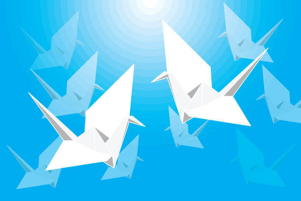istock Illustration group of the origami bird flying and with blue circle background. 1496392760