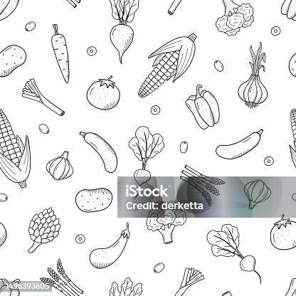 istock Seamless Pattern of drawing vegetables in doodle style. A set of vector illustrations of the harvest corn potatoes carrots radishes beets garlic onions tomatoes, etc. 1496393605