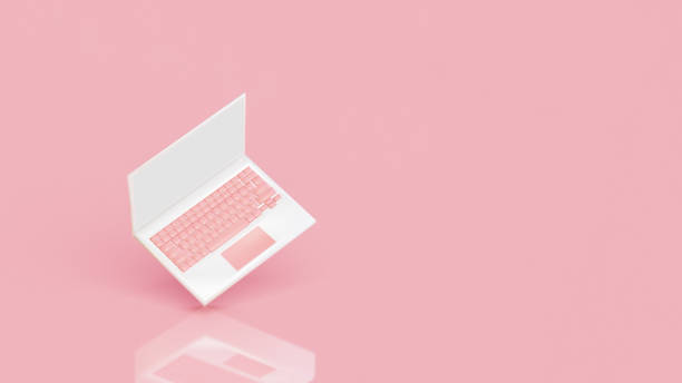 istock School supplies icon. White laptop with pink keyboard. 3D render 1496394100