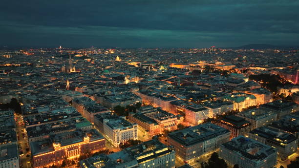 illumination flight over vienna city district aerial panorama. Austria