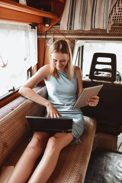 istock Cute Blond Female Laughing While Working On Laptop And Digital Tablet Remotely From RV Camper 1496395256