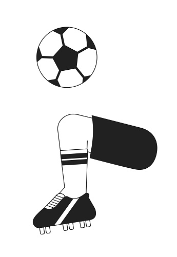 Soccer ball juggle monochromatic flat vector first view leg. Training camp. Fun game. Football drills. Editable thin line closeup pov on white. Simple bw cartoon spot image for web graphic design