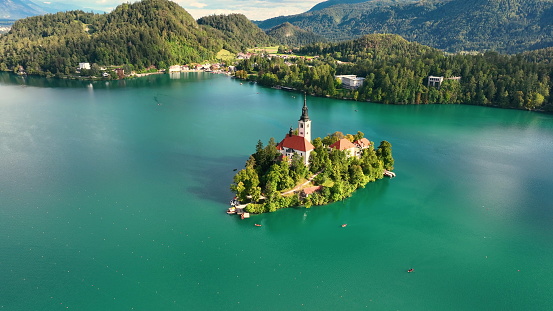 Famous tourist place with island on the middle of the lake and a castle on the cliff