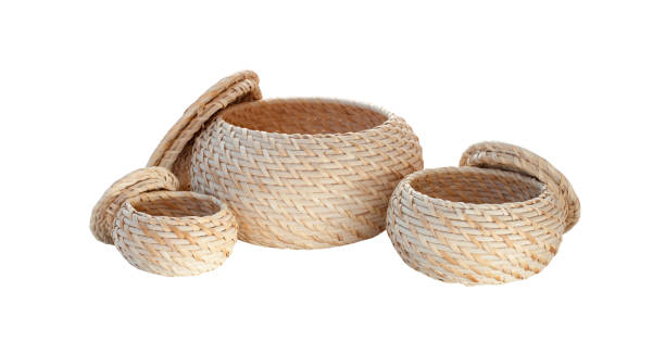 istock Empty straw baskets of different sizes isolated on white. Wicker decor for bathroom 1496396844
